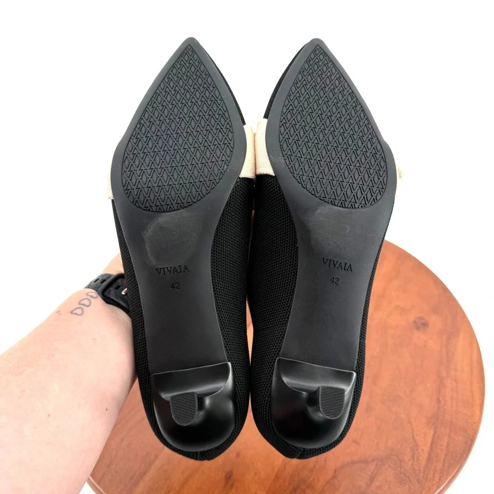 VIVAIA Kitten Heel Pumps Black Cream Bow Pointed Toe Knit Shoes Wmn EU42/US 10.5